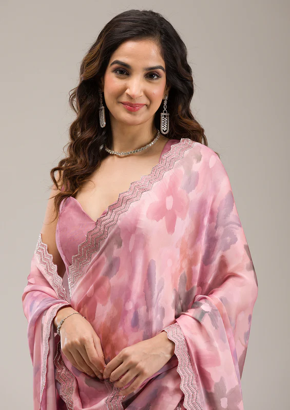 Baby Pink Stonework Satin Sarees